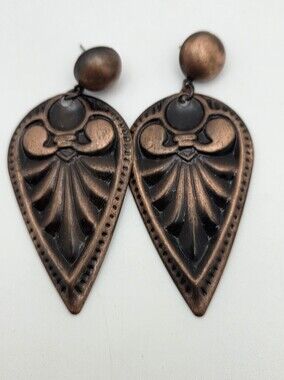 Vintage Antique Copper Fleur De Lis Teardrop Dangle Earrings Statement Stud